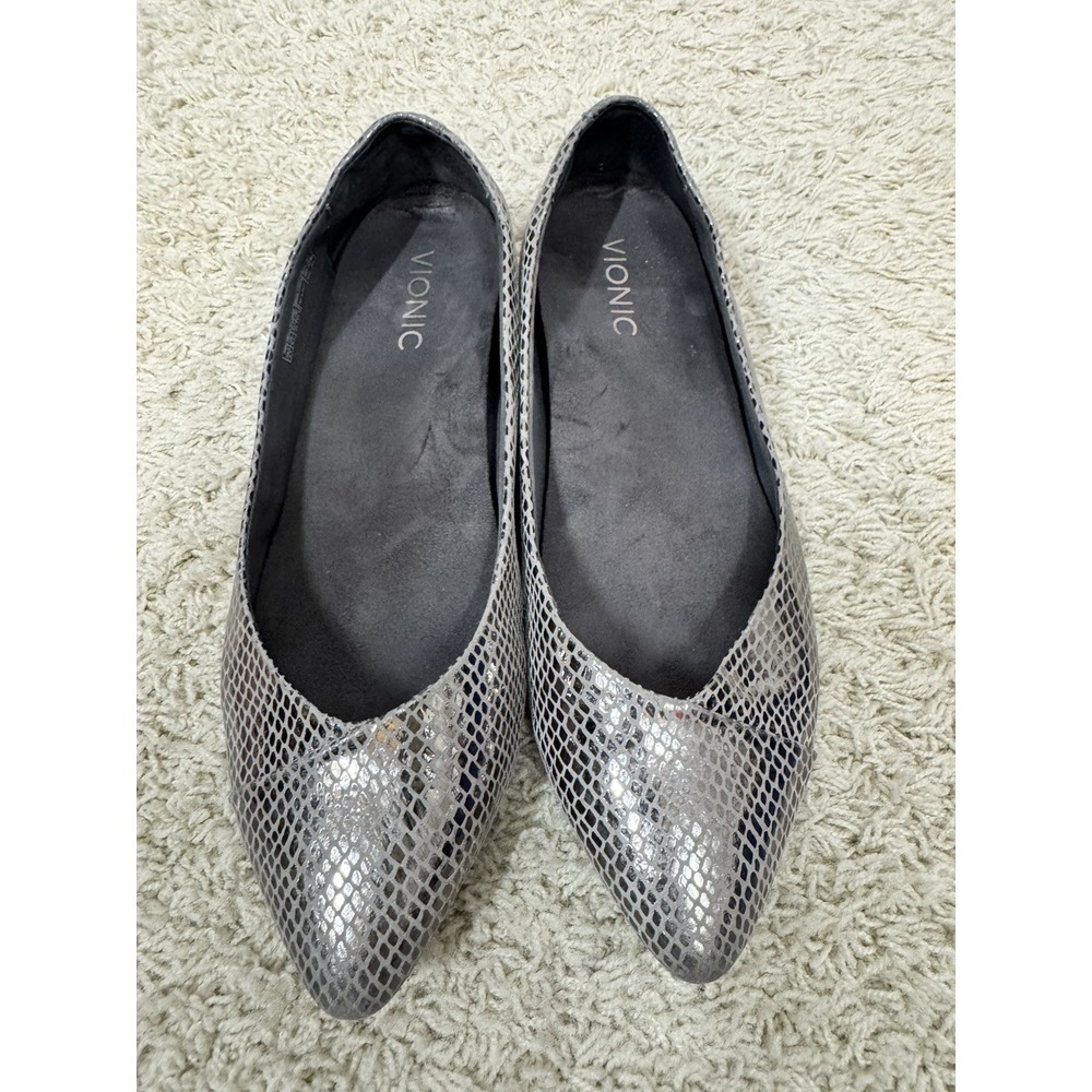 Vionic Silver Metallic Snake-Print Pointed-Toe Flats
